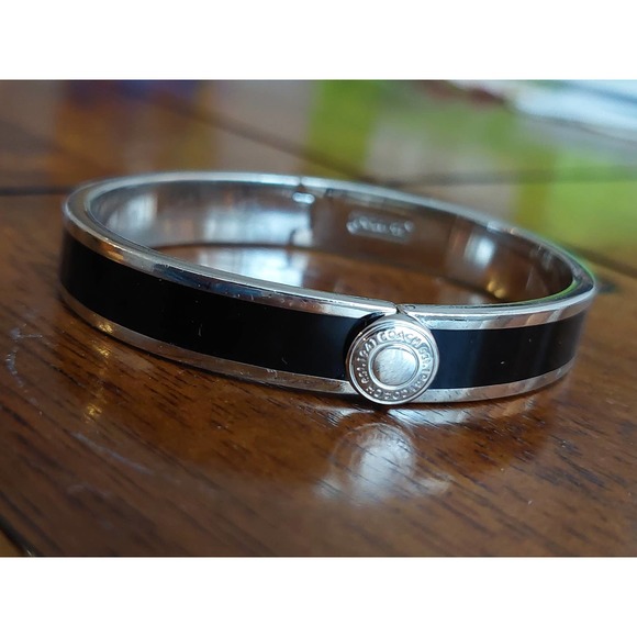 Authentic Coach Silver Tone Black Enamel Bangle Cuff Bracelet